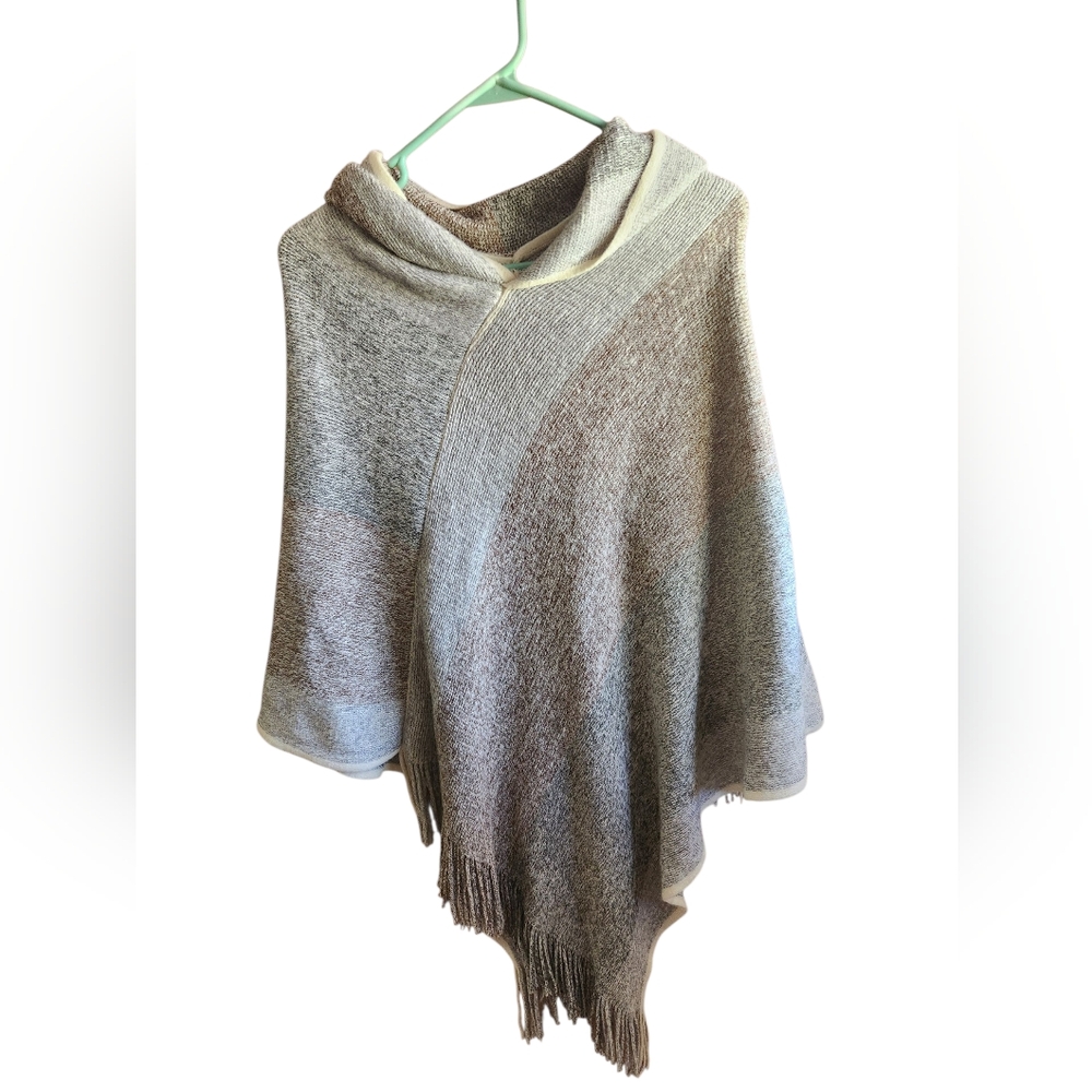 B2G1 FREE! Gray and Cream Asymmetrical Poncho Sweater with Fringe